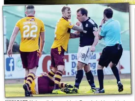  ??  ?? AWAY DAZE: Motherwell players celebrate Tanner’s decisive goal (main picture), and (above) they react angrily after McHugh is felled by McGowan