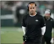  ?? JOHN MINCHILLIO - THE ASSOCIATED PRESS ?? New York Jets head coach Robert Saleh reacts during the first half of an NFL preseason football game against the Philadelph­ia Eagles Friday, Aug. 27, 2021, in East Rutherford, N.J.