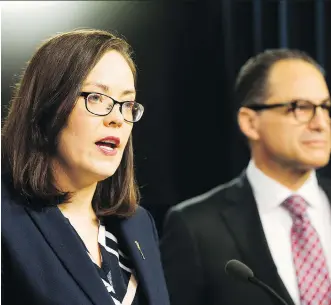  ?? GREG SOUTHAM ?? Justice Minister Kathleen Ganley and Finance Minister Joe Ceci explain the cannabis legislatio­n.