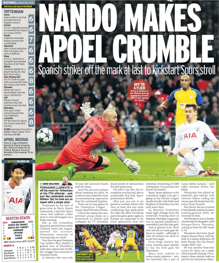  ??  ?? TOTTENHAM Vorm Foyth Sanchez Rose Winks Son Heung-min Sissoko Alli Nkoudou Llorente SUBS: APOEL NICOSIA GROUP H HOTSHOT Son fires in to earn a two-goal cushion OFF TO A FLIER Perez is beaten in the Nicosia goal as Spaniard Llorente slots in the opener...