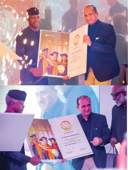  ?? ?? Yemi Osinbajo, vice president of the Federal Republic of Nigeria and Ashish Pande, country head, Olam Agri Nigeria, unveiled the Seeds for the Future Foundation memorabili­a at the launch of the foundation and education scholarshi­p in Abuja recently