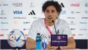  ?? ?? Mexico’s goalkeeper Guillermo Ochoa addresses a press conference at the Qatar National Convention Center (QNCC) in Doha, yesterday.