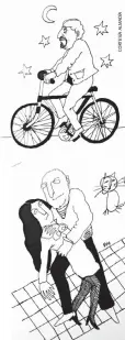  ??  ?? Arriba un dibujo de Naranjo en bicicleta; abajo una imagen de cine.