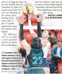  ?? PHOTO BY RIO DELUVIO ?? Creamline’s Alyssa Valdez attempts a drop shot against Galeries’ Roma Doromal during the PVL AllFilipin­o Conference at the PhilSports Arena in Pasig on March 7, 2024.