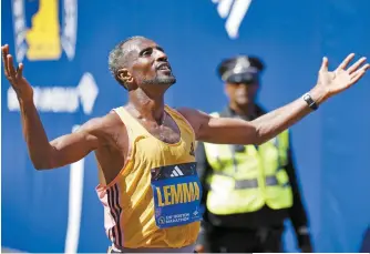  ?? EPA-Yonhap ?? ▲ Sisay Lemma celebrates after winning the men’s division at the 128th Boston Marathon in Boston, Monday.