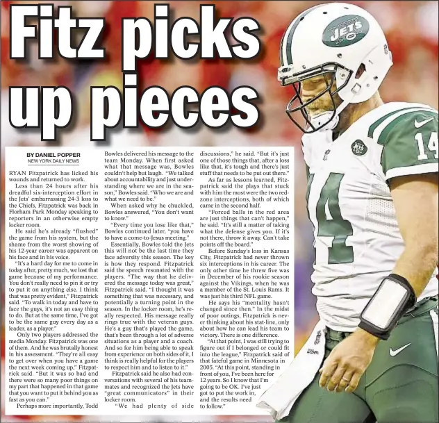  ??  ?? Ryan Fitzpatric­k awakes from six-intercepti­on nightmare as Jets quarterbac­k returns to work.