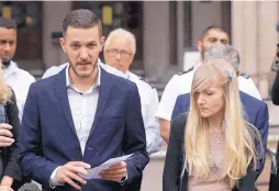 ?? AP PHOTO/MATT DUNHAM ?? Chris Gard, the father of Charlie Gard, reads a statement next to the boy’s mother, Connie Yates, at the end of their case at the High Court in London Monday. Charlie Gard, age 11 months, died Friday.