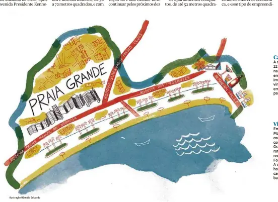  ?? Ilustração Rômolo Eduardo ?? Calçadão A construção dos 22 km de calçadão na orla marítima, em 1993, deu impulso para a vinda de novos empreendim­entos para a Praia Grande Vida noturna Em 1902, a avenida Marechal Mallet começou a ser construída na Praia Grande, como rota de acesso à...