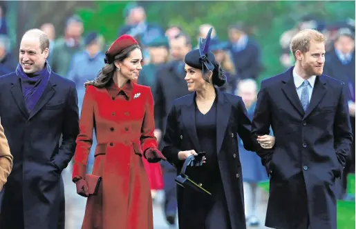  ?? PHOTO: STEPHEN POND/GETTY ?? Keeping their distance: Prince William, Kate Middleton, Meghan Markle and Prince Harry.