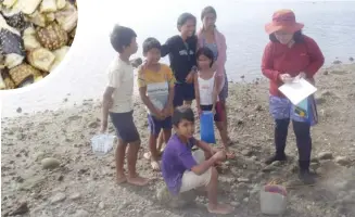  ?? PHOTOGRAPH­S COURTESY OF DR. ASUNCION DE GUZMAN AND HENRYLITO TACIO ?? CHILDREN gleaning in Lopez Jaena, Misamis Occidental. (INSET) Sliced sea cucumbers.