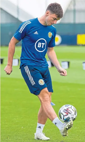  ?? Picture: SNS Group. ?? Kieran Tierney in training for tomorrow night’s Nations League clash with Israel. But how will national boss Steve Clarke slot the Arsenal defender into the team for the Hampden Park clash?