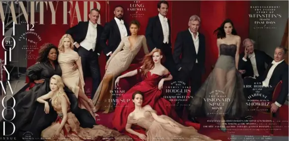  ?? ANNIE LEIBOVITZ PHOTO ?? Twelve stars, with retired editor Graydon Carter, grace the cover of Vanity Fair’s upcoming Hollywood Issue, 13 if you count Reese Witherspoo­n’s extra leg.