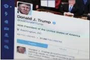  ?? AP PHOTO/J. DAVID AKE ?? This April 3, 2017, file photo shows U.S. President Donald Trump’s Twitter feed on a computer screen in Washington. President Donald Trump violates the U.S. Constituti­on’s First Amendment when he blocks critics on Twitter for political speech, a judge...