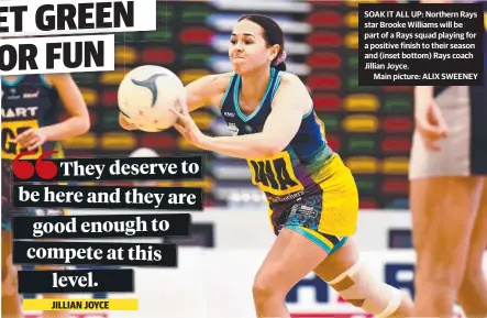  ??  ?? SOAK IT ALL UP: Northern Rays star Brooke Williams will be part of a Rays squad playing for a positive finish to their season and (inset bottom) Rays coach Jillian Joyce.
Main picture: ALIX SWEENEY