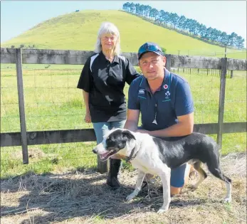  ??  ?? Shaun Haynes, with his dog Cam, and Nan Mackenzie are part of the team preparing to ensure the Tux North Island and New Zealand Championsh­ips being held at Mt Te Ahu Ahu (on the Mackenzies’ farm) later this year is a smoothly run operation.
