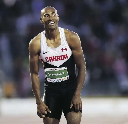  ?? Markblinch/thecana dianpres ?? Canada’s Damian Warner was in a class all his own in the decathlon on Thursday, winning the gold medal and besting a 19-year-old Canadian record held by Michael Smith. Warner set personal bests in the 100 metres, long jump and discus.