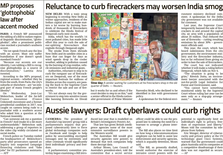  ?? — Reuters ?? Slow day: A vendor waiting for customers at his firecracke­rs shop in the old quarter of Delhi.