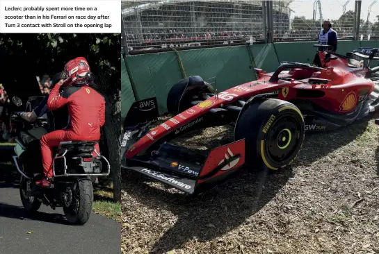  ?? ?? Leclerc probably spent more time on a scooter than in his Ferrari on race day after Turn 3 contact with Stroll on the opening lap