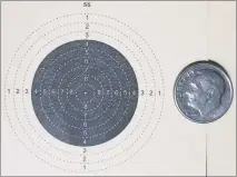  ?? ?? In airgun competitio­n, competitor­s stand and shoot 60 times at a target 10 meters (about 32.8 feet) away. The bulls-eye in the 10-ring target, above, is about the size of a period. A perfect score is 654, which has never been done. The world
record is 633.5.