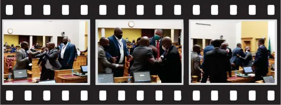  ?? Photos: Emmency Nuukala ?? Ugly standoff… LPM leader Henny Seibeb is forcefully removed from the chamber.