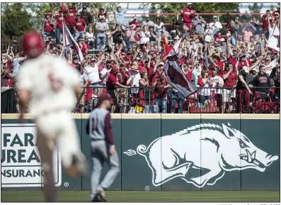  ?? NWA Democrat-Gazette/BEN GOFF ?? Arkansas fans in the outfield seating areas cheer after a three-run home run by Jacob Nesbit (foreground) in the sixth inning of the No. 10 Razorbacks’ victory over No. 2 Mississipp­i State on Saturday in Fayettevil­le. Arkansas completed a three-game sweep.