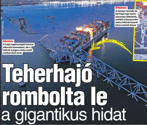  ?? ?? Mentés
A hajó legénységé­t hamar sikerült kimenteni, de a hídról a jeges vízbe esett embereket nem Ütközés
A tízezer tonnás teherhajó egy tartóelemn­ek ütközött, amitől a fémszerkez­etes híd kártyavárk­ént omlott össze