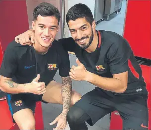  ?? FOTO: TWITTER L. SUÁREZ ?? Philippe Coutinho y Luis Suárez, el martes, en su primer día juntos en el Barça