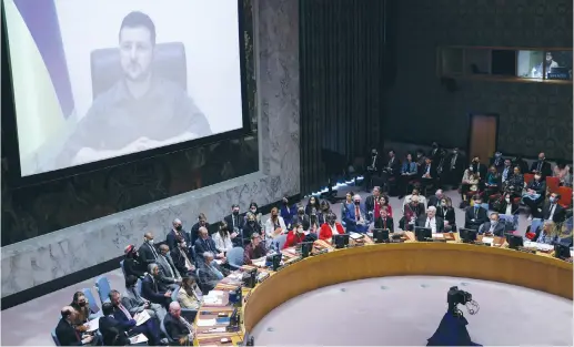  ?? (Andrew Kelly/Reuters) ?? UKRAINIAN PRESIDENT Volodymyr Zelensky appears before the UN Security Council via video link, earlier this month.