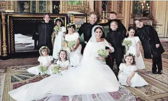  ?? ALEXI LUBOMIRSKI THE ASSOCIATED PRESS ?? In this photo released by Kensington Palace on Monday, Britain's Prince Harry and Meghan Markle pose with the youngsters from their wedding party in Windsor Castle. Others in photo are, from left, in the back row, Brian Mulroney, Remi Litt, Rylan Litt,...