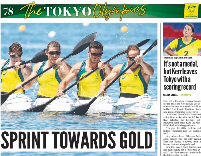  ??  ?? (From let) Lachlan Tame, Riley Fitzsimmon­s, Murray Stewart and Jordan Wood are into the K4 500m finals. Picture: Phil Walter/Getty Images.