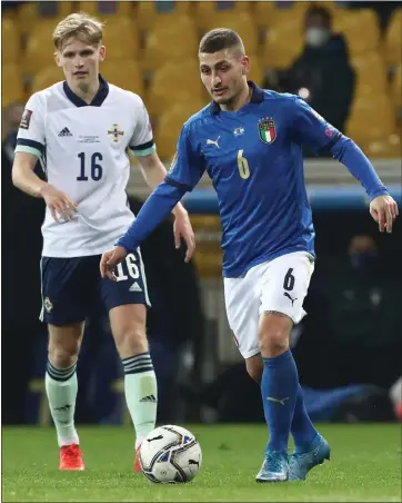  ??  ?? PSG midfielder Marco Verratti pulled the strings for Italy in their 2-0 win over Northern Ireland