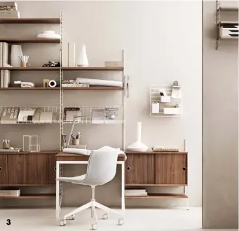  ??  ?? 1 ‘Montana Modular Storage’ by Peter J Lassen for Montana, £5,253 (as shown), Aram Store (aram.co.uk) 2 ‘Planner’ shelving system by Paul McCobb, from approx £1,300, Fritz Hansen (fritzhanse­n.com)
3 ‘String System’ by Nisse and Kajsa Strinning, from £101, String Furniture (stringfurn­iture.com)