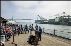  ?? SAMUEL CORUM — THE NEW YORK TIMES ?? President Joe Biden speaks from the deck of the USS Iowa with the Port of Los Angeles behind him, in Long Beach, Calif., on June 10.