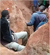  ??  ?? Illegal miners work a section of Old Motapa Mine in Inyathi that has been invaded by more than 300 fortune seekers