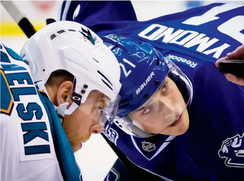  ?? Darryl dyck / the canadian press ?? It was just two years ago that Mason Raymond and the Canucks knocked off Joe Pavelski and the San Jose Sharks in the playoffs