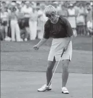  ?? Bob Child / AP ?? Jerilyn Britz urges home her second putt on the 18th green at Brooklawn Country Club during the 1979 U.S. Women’s Open in Fairfield. Britz won the event.