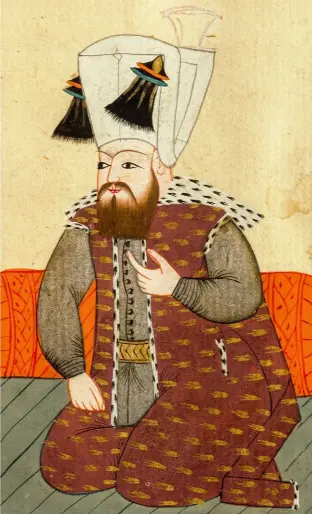 ?? ?? Ibrahim Ier, sultan de l'empire Ottoman, illustrati­on tirée des
Mémoires turcs, Codex Cicogna, xviie siècle.