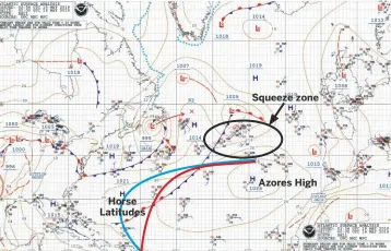  ??  ?? A US National Oceanic and Atmospheri­c Administra­tion synoptic chart overlaid with options for heading from the Caribbean to the Azores directly (red) or via Bermuda (blue)
