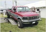  ??  ?? After putting up a good fight during the dirt drags, we found this two-tone OBS Ford strapped to the dyno. With 238/100 hybrid injectors and one of Dieselsite’s ball bearing 66mm Wicked turbo kits, the noninterco­oled old-school ¾-ton cleared 450 hp on the rollers.