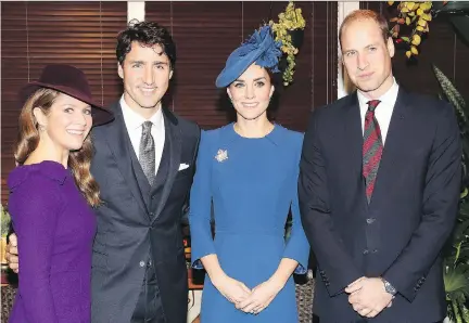  ?? CHRIS JACKSON/GETTY IMAGES ?? Sophie Grégoire Trudeau wears her new hat in this photo with her husband, Prime Minister Justin Trudeau, Catherine, Duchess of Cambridge and Prince William, Duke of Cambridge, at B.C.’s Government House on Saturday in Victoria.