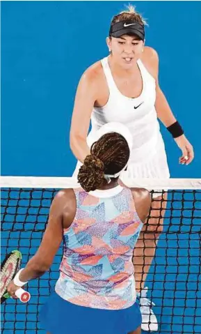  ?? EPA PIC ?? Belinda Bencic (top) is congratula­ted by Venus Williams after winning in round one of the Australian Open yesterday.