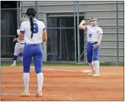  ?? ?? Sophomore first baseman Shelby Brock sends the ball back to sophomore pitcher Sylvia King after making an out during Conway’s 10-3 win over Mayflower on Feb. 27.