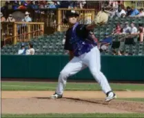  ?? PHOTO BY JOE BOYLE ?? Brett Daniels pitching on “Space Night” at Joe Bruno Stadium. Daniels is 3-0 this season with a 1.62 ERA through 33.1 innings pitched.