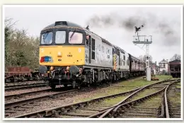  ?? DUNCAN LANGTREE. ?? Visiting the Great Central Railway for its diesel gala weekend was 33063 R.J.Mitchell, which is based at the Spa Valley Railway. Carrying trainload grey livery with Mainline Rail decals, the ‘33’ leads newly painted 37714 Cardiff Canton away from Quorn...