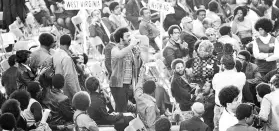  ?? AP ?? On March 13, 1972, the Rev. Jesse Jackson, executive director of Operation: PUSH, speaks from the floor of the National Black Political Convention in Gary. A research project is taking a fresh look at the convention.