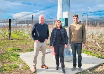  ?? ?? Forest Lodge Orchard owner Mike Casey (right) with GSI Partners Christchur­ch director Sean Lysaght, Vero executive manager of rural insurance solutions Sonya Whitney.