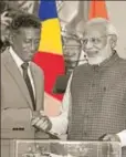  ?? PTI ?? PM Narendra Modi with Seychelles President Danny Faure, June 25
