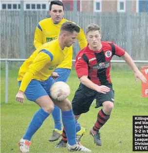  ??  ?? Killingwor­th (red and black strip) beat Northbank 5-2 in the Northern Alliance League Premier Division. Pictures: STEVE MILLER