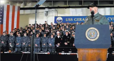  ?? JONATHAN ERNST/ REUTERS ?? President Donald Trump promises aboard the Gerald R. Ford on Thursday to provide the military with “the finest equipment in the world.”