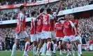  ?? Glyn Kirk/AFP/Getty Images ?? Arsenal’s Gabriel Jesus is mobbed by teammates after scoring their third goal in the 11th minute of stoppage time. Photograph: